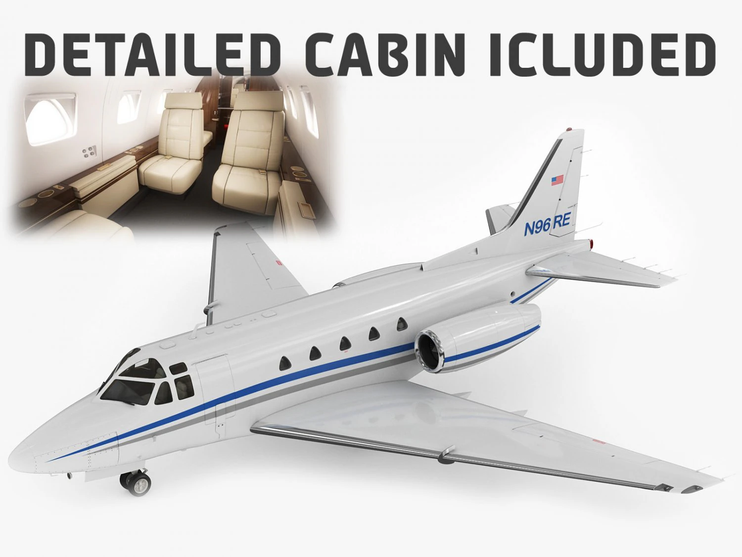 sabreliner 60 - 65 with interior 3D Model .c4d .max .obj .3ds .fbx .stl .blend