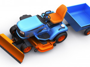 riding lawn mower with trailer and snow blade 3D Model