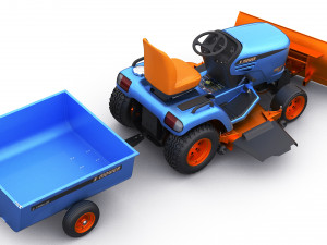 riding lawn mower with trailer and snow blade 3D Model