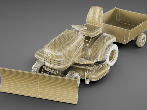 riding lawn mower with trailer and snow blade 3D Model