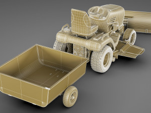 riding lawn mower with trailer and snow blade 3D Model