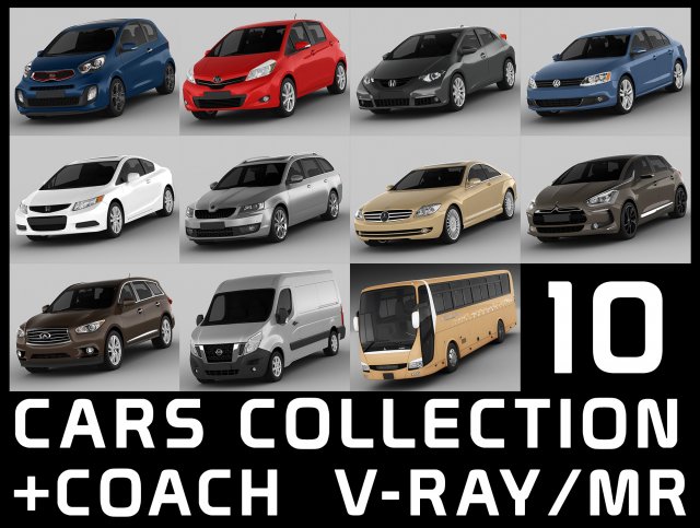 10 cars collection plus coach 3D-Modell .c4d .max .obj .3ds .fbx .stl .blend 