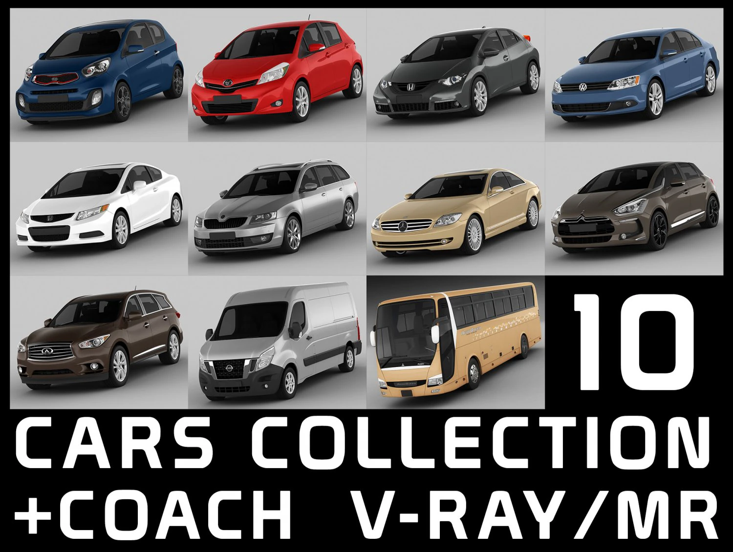 10 cars collection plus coach 3D Model .c4d .max .obj .3ds .fbx .stl .blend 