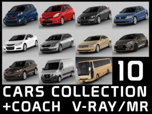 10 cars collection plus coach Model 3D