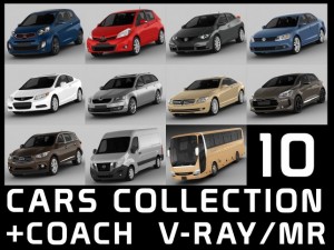 10 cars collection plus coach 3D Model