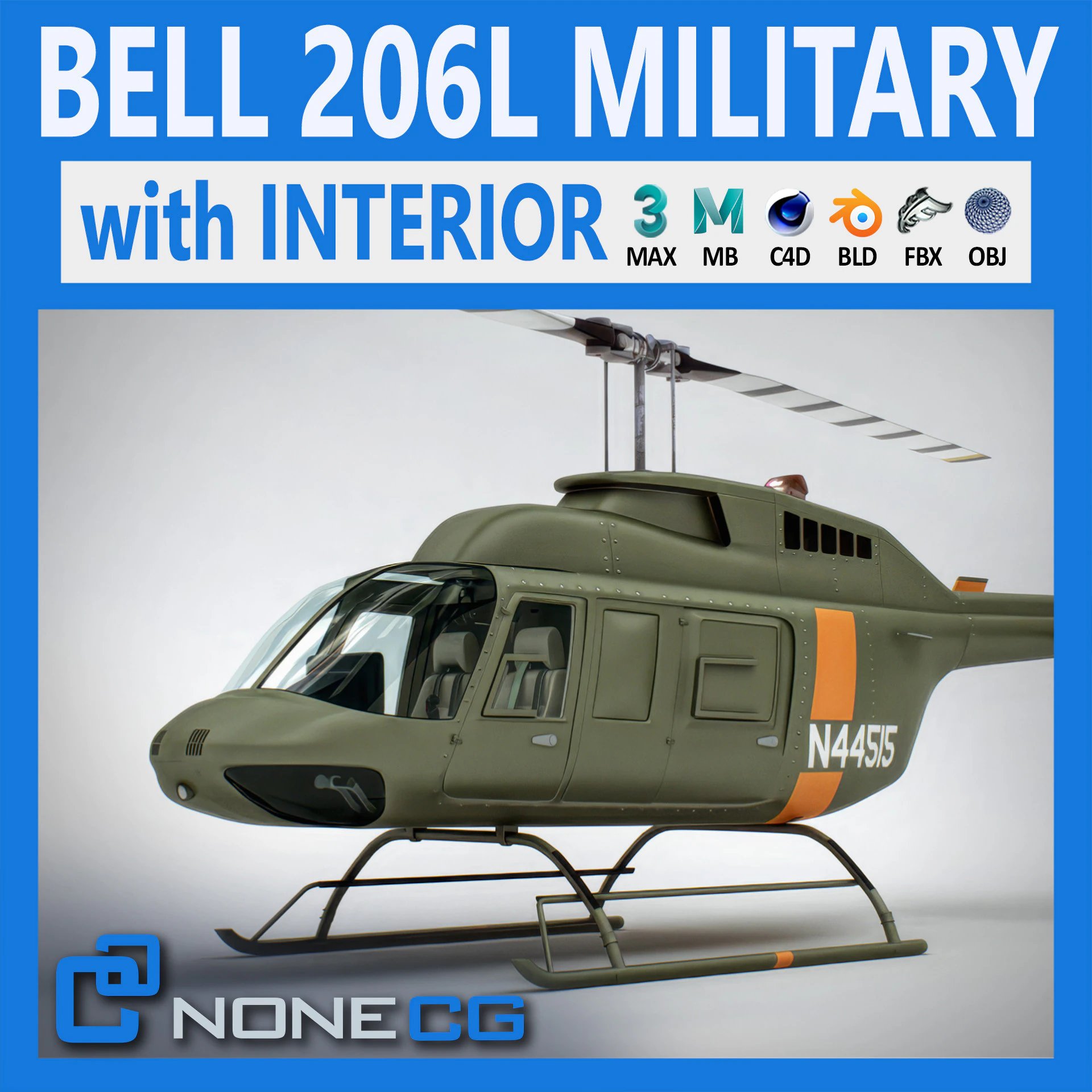 Helicopter Bell 206L Military 3D Model .c4d .max .obj .3ds .fbx .stl .blend