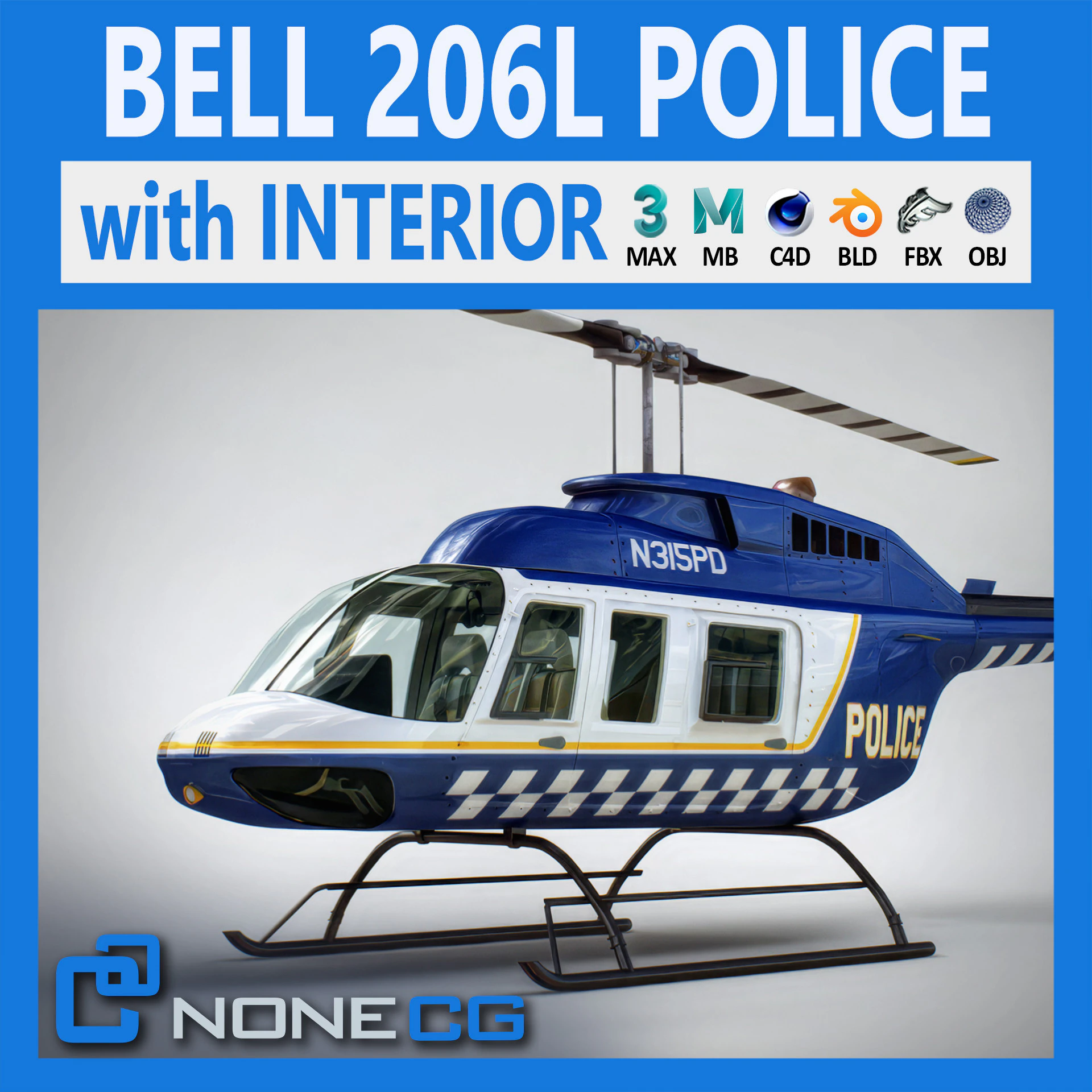 Helicopter Bell 206L Police 3D Model .c4d .max .obj .3ds .fbx .stl .blend 
