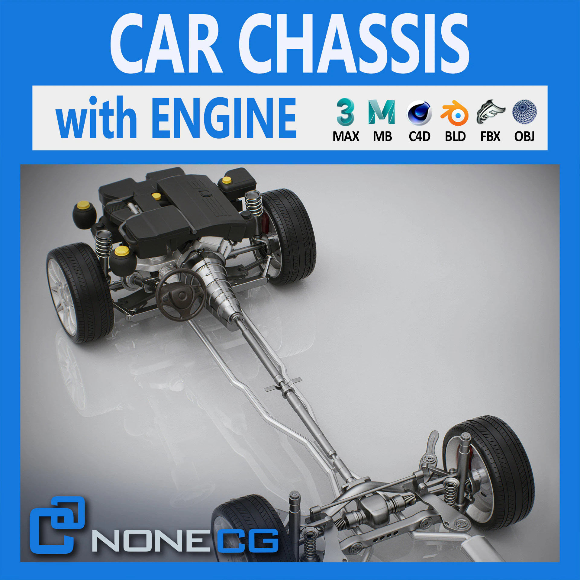 Car Chassis and Engine 3D Model .c4d .max .obj .3ds .fbx .stl .blend 