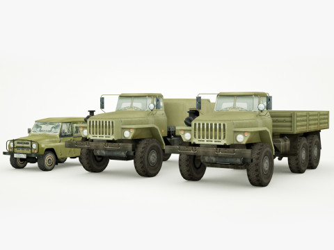 UAZ 469 and Ural 4320 lowpoly collection 3D 模型