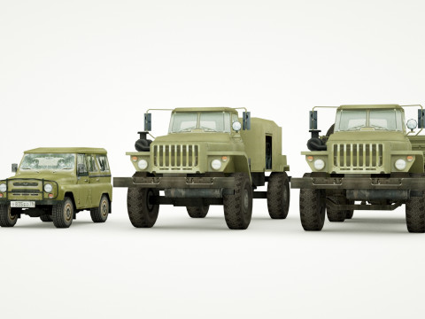 UAZ 469 and Ural 4320 lowpoly collection 3D Модель