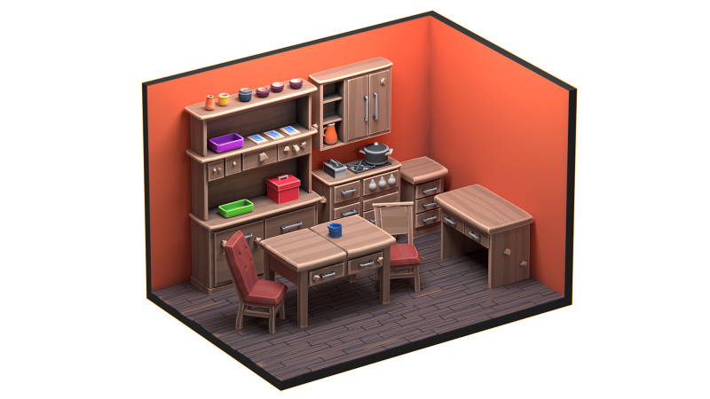 Stylized Kitchen Interior 01 PBR 3D Model .c4d .max .obj .3ds .fbx .stl .blend 