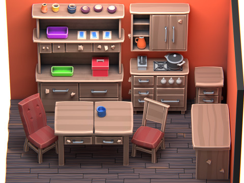 Stylized Kitchen Interior 01 PBR 3D Model