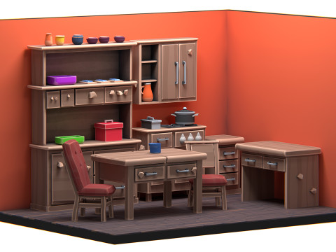 Stylized Kitchen Interior 01 PBR 3D Model