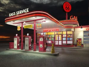 Gas Station Route 66 at Day and Night 3D Model