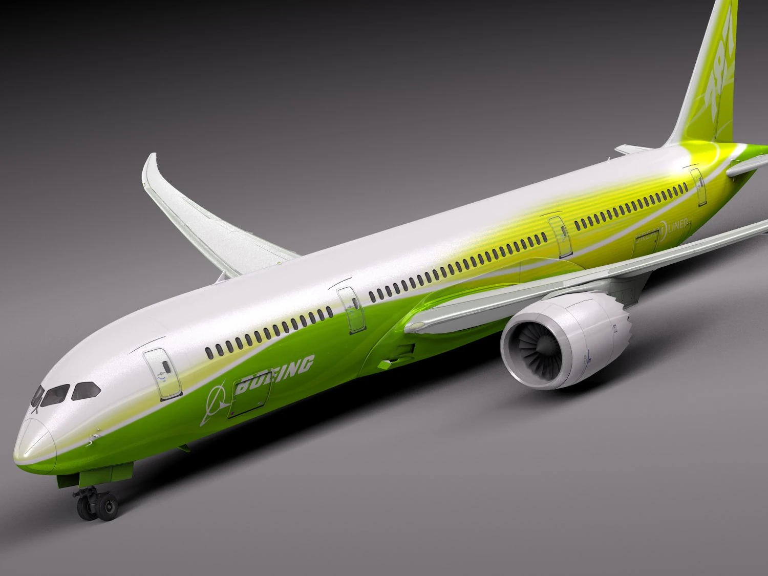 Boeing 787 Dreamliner Green Lemon 3D Model .c4d .max .obj .3ds .fbx .stl .blend 