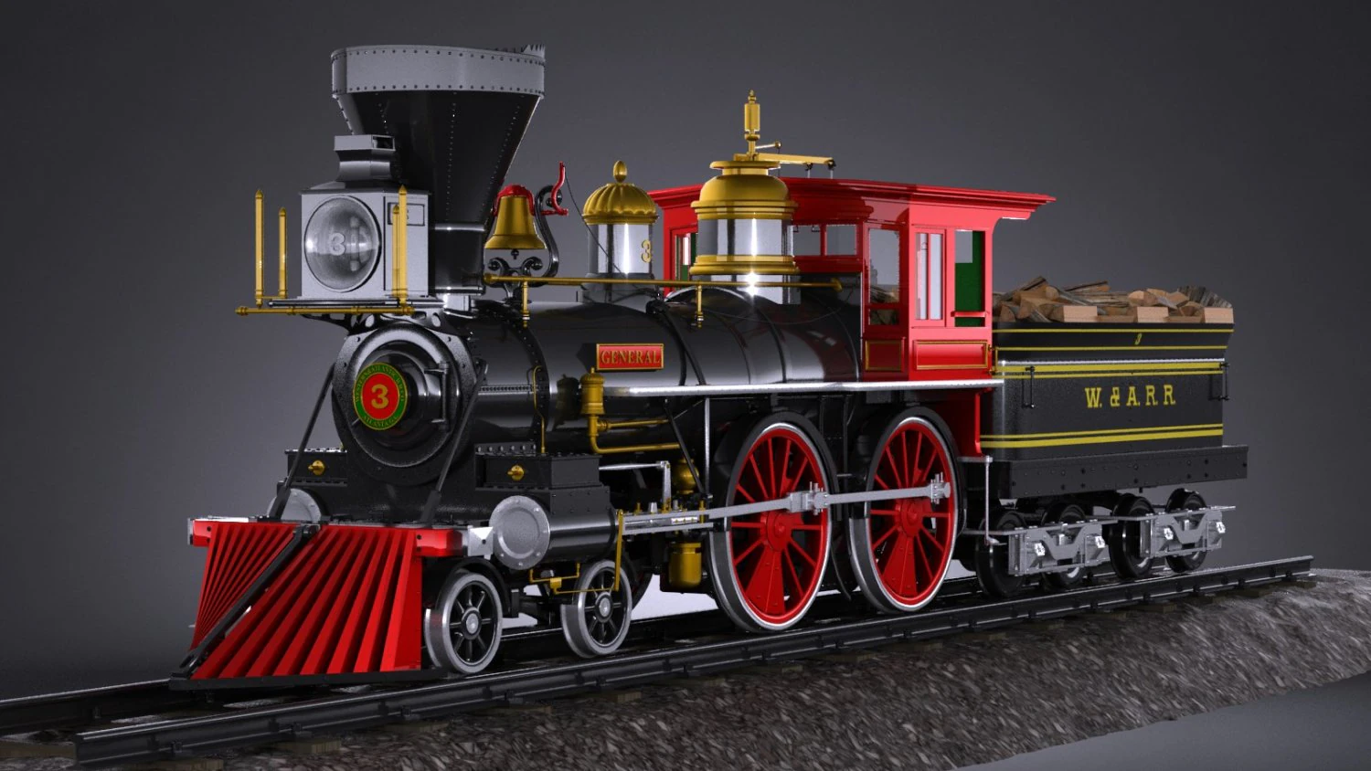 The General 4-4-0 Steam Locomotive 3D Model .c4d .max .obj .3ds .fbx .stl .blend 