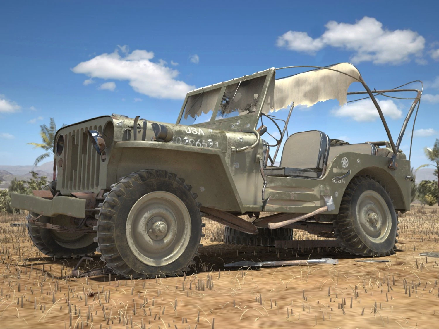 Jeep Willys Damaged 3D Model .c4d .max .obj .3ds .fbx .stl .blend 