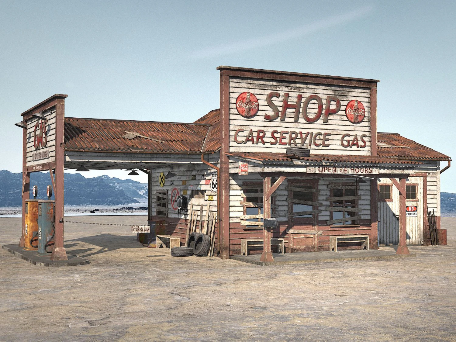Abandoned Gas Station Route 66 3D Model .c4d .max .obj .3ds .fbx .stl .blend 