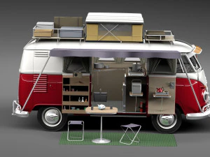 Volkswagen Camper Van com teto aberto 1950 Modelo 3D