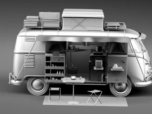 Volkswagen Camper Van com teto aberto 1950 Modelo 3D