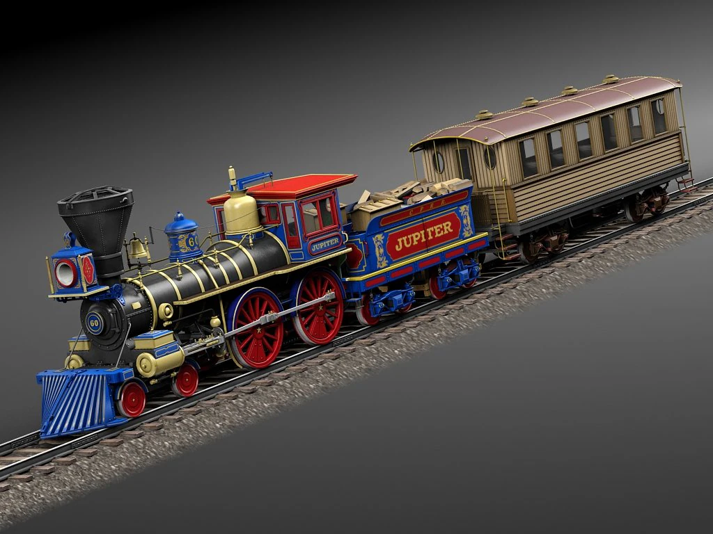 Jupiter Steam Train 1868 3D Model .c4d .max .obj .3ds .fbx .stl .blend