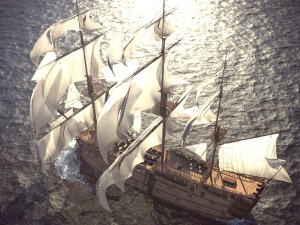 ship animated sail and foam with splashes 3D Model