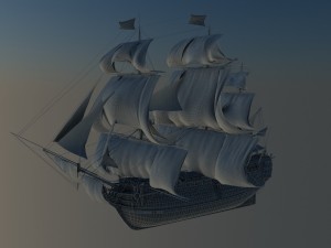 ship animated sail and foam with splashes 3D Model