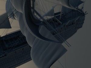 ship animated sail and foam with splashes 3D Model