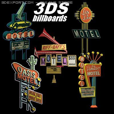 motel signs pack of 5 3D Model .c4d .max .obj .3ds .fbx .stl .blend 