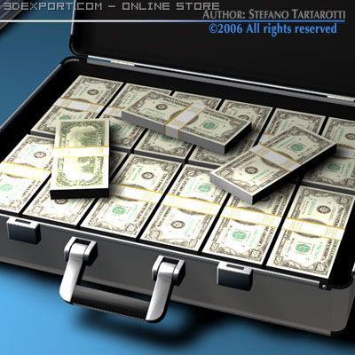 suitcase with dollars 3D Model .c4d .max .obj .3ds .fbx .stl .blend 