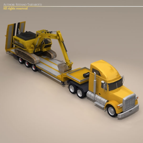 truck with stepframe trailer and excavator Model 3D .c4d .max .obj .3ds .fbx .stl .blend