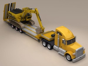 truck with stepframe trailer and excavator 3D मॉडल