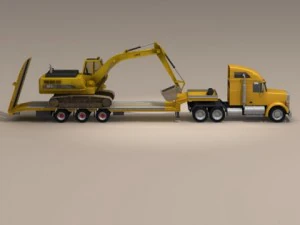truck with stepframe trailer and excavator 3D Model