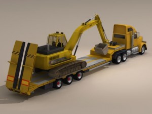 truck with stepframe trailer and excavator Model 3D