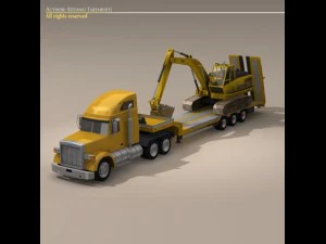 truck with stepframe trailer and excavator 3D Model