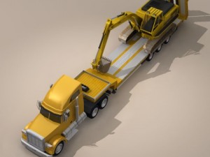 truck with stepframe trailer and excavator Model 3D