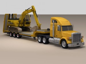 truck with stepframe trailer and excavator Model 3D