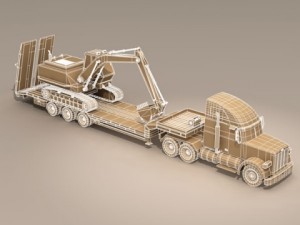 truck with stepframe trailer and excavator Model 3D