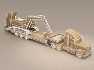 truck with stepframe trailer and excavator 3D Model