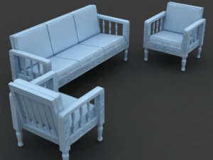 set sofa kayu Model 3D