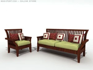 木の椅子とソファ 3Dモデル