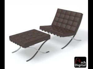 krzesło barcelońskie i otomana Model 3D