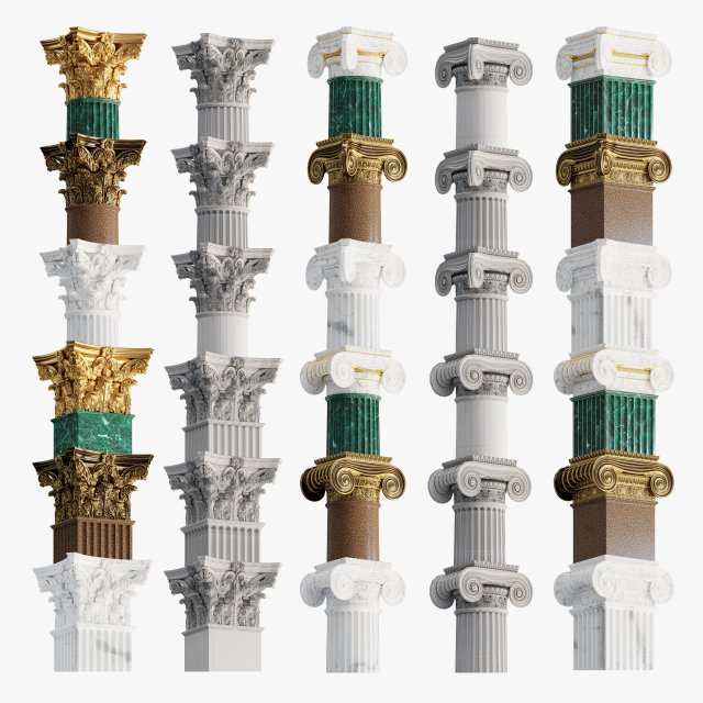 Corinth and ionic round and rectangular columns 3D Model .c4d .max .obj .3ds .fbx .stl .blend 