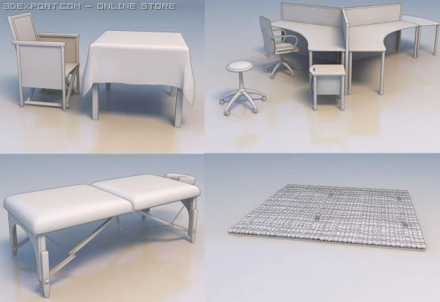 tables  massage bed and a rug 3D Model .c4d .max .obj .3ds .fbx .stl .blend 