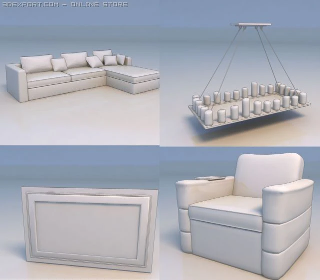 chairs sofa candle lights tv 3D Model .c4d .max .obj .3ds .fbx .stl .blend 