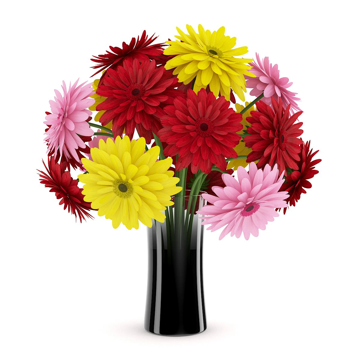 threecolor flowers in black vase 3D Model .c4d .max .obj .3ds .fbx .stl .blend 