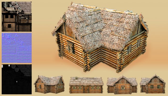 wooden thatch house t-shaped Modèle 3D .c4d .max .obj .3ds .fbx .stl .blend 