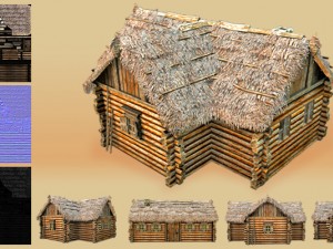 wooden thatch house t-shaped 3D 模型