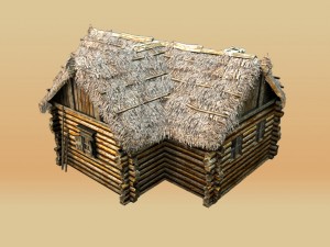 wooden thatch house t-shaped Modèle 3D