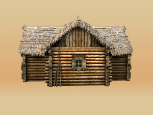 wooden thatch house t-shaped Modèle 3D